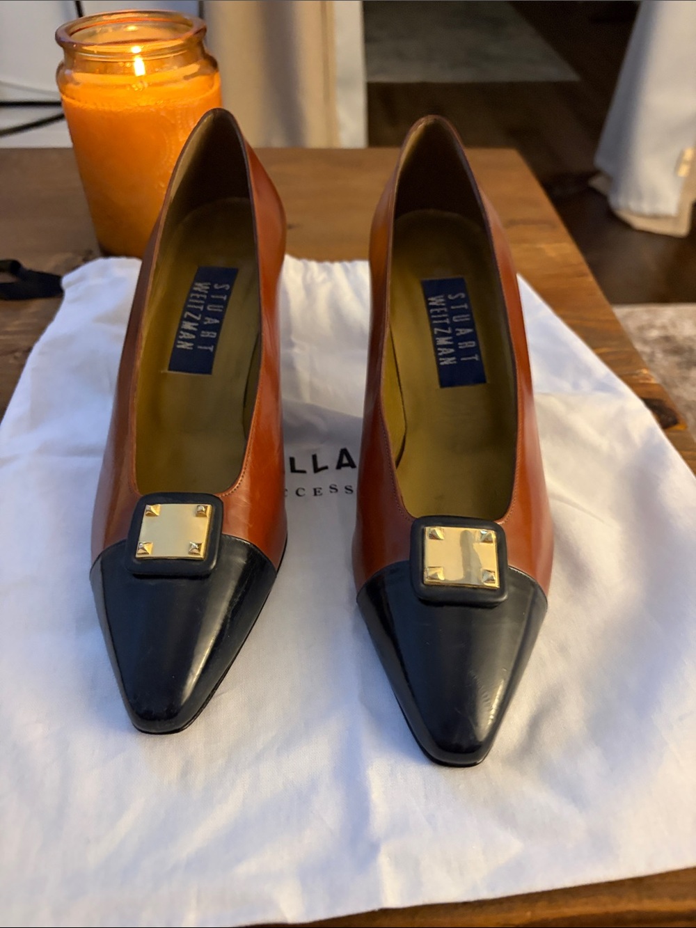 Stuart Weitzman Brown Leather Pumps with Black Pointed Cap and Gold Accent